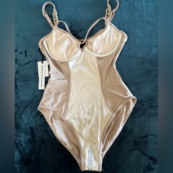 NWT ROBIN PICCONE EVE CRISS CROSS STRAPPY UNDERWIRE 1 PIECE SWIMSUIT SZ 10 LATTE - Picture 3 of 11